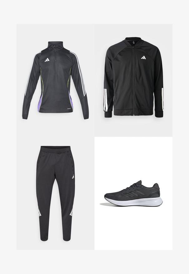Casaco atlético preto com fecho na frente, mangas raglan, logotipo Adidas branco e riscas brancas nas mangas. Tecido suave com punhos elásticos.; Pullover atlético preto com fecho de um quarto, detalhes brancos e um painel lateral roxo. Apresenta três riscas brancas em cada manga.; Calças atléticas pretas com pernas afiladas, cintura elástica, bolsos laterais e detalhes em logo e riscas brancas. Confeccionadas em material liso e leve.; Tênis atléticos em material de malha cinza escuro com detalhes em preto. Apresenta uma entressola branca e três listras brancas de lado.