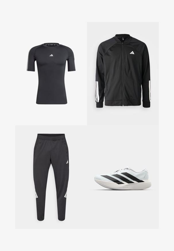 Schwarze Sportjacke mit einem Frontreißverschluss, Raglanärmeln, weißem Adidas-Logo und weißen Streifen an den Ärmeln. Glattes Gewebe mit elastischen Bündchen.; Schwarzes kurzärmliges Sport-Shirt aus dehnbarem Material, mit rundem Ausschnitt, weißem Adidas-Logo auf der Brust und weißen seitlichen Streifen.; Schwarze Sporthose mit zulaufenden Beinen, elastischem Bund, Seitentaschen und weißen Logo- und Streifendetails. Hergestellt aus einem glatten, leichten Material.; Leichte Laufschuhe in hellblau mit schwarzen Streifen. Sie verfügen über ein glattes Obermaterial, eine runde Zehenpartie und eine dicke weiße Zwischensohle, die mit "LIGHTSTRIKE PRO" beschriftet ist.