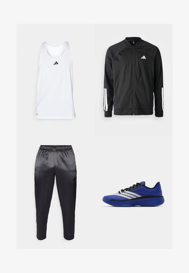Veste de sport noire avec fermeture éclair à l'avant, manches raglan, logo Adidas blanc et bandes blanches sur les manches. Tissu lisse avec des poignets élastiques.; Débardeur de sport blanc avec un col rond, design à dos nageur, logo noir sur la poitrine et un tissu lisse et léger.; Pantalons de sport noirs en tissu lisse et léger avec une taille élastique. Présente un petit logo sur le côté gauche et des jambes fuselées.; adidas Performance ADIZERO SELECT 3.0 - Chaussures de basket - lucid blue/core black/metallic