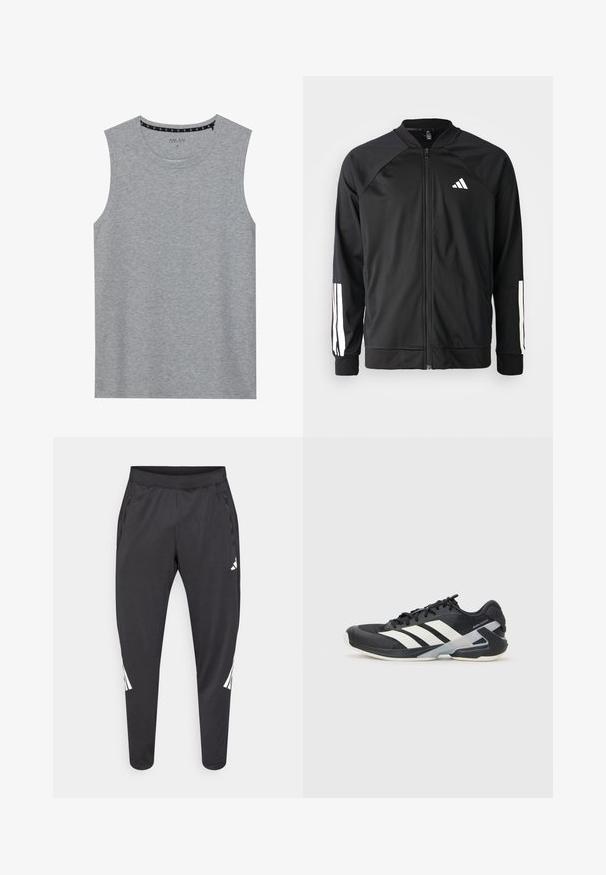 Svart treningsjakke med frontglidelås, raglanermer, hvit Adidas-logo og hvite striper på ermene. Glatt stoff med elastiske mansjetter.; Grå ermeløs skjorte laget av myk stoff, med rund hals og minimalistisk design med sømdetaljer på skuldrene.; Svarte treningsbukser med smalere ben, elastisk midjebånd, sidelommer og hvite logo- og stripedetaljer. Laget av et mykt, lett materiale.; Svart treningssko med hvite striper, mesh-overdel, avrundet tå og polstret såle. Har en teksturert hæl og et sikkert snøresystem.