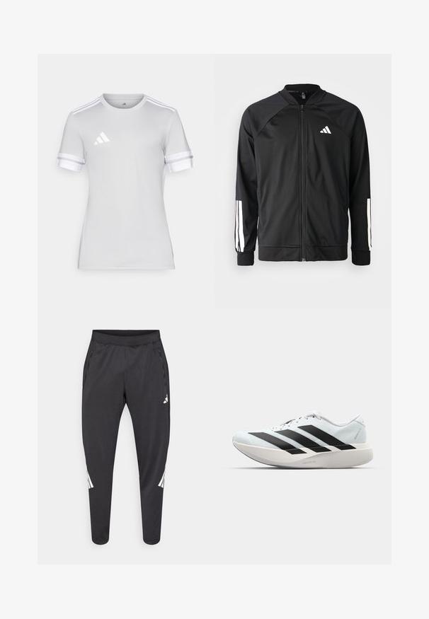 Jachetă sport neagră, cu fermoar frontal, mâneci raglan, logo Adidas alb și dungi albe pe mâneci. Material neted, cu manșete elastice.; Tricou sport cu mânecă scurtă, material gri deschis, decolteu rotund, accente albe cu trei dungi pe mâneci, mic logo reflectorizant pe piept.; Pantaloni atletici negri cu picioare conice, talie elastică, buzunare laterale și detalii albe cu logo și dungi. Confecționați dintr-un material neted și ușor.; Pantofi de alergare ușori în albastru deschis cu dungi negre. Au un superior neted, vârf rotund și o intermediară groasă albă etichetată "LIGHTSTRIKE PRO."