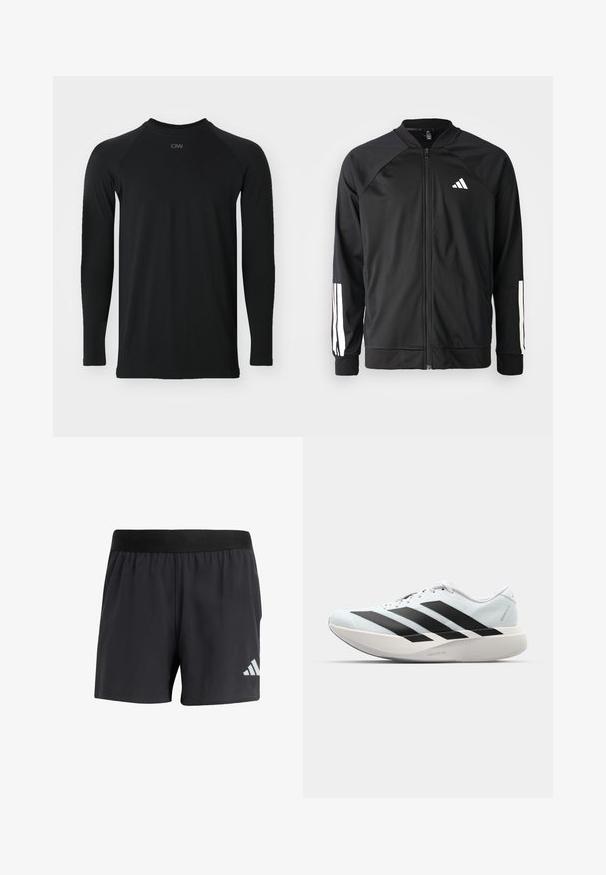 Musta urheilujakku, jossa on vetoketju edessä, raglan-hihat, valkoinen Adidas-logo ja valkoiset raidat hihoissa. Sujuva kangas ja joustavat hihansuut.; Mustapaita, jossa on pitkä hiha ja pyöreä kaula-aukko, valmistettu sileästä ja kestävästä kankaasta; varustettu raglan-hihoilla ja hillityllä sävykkäällä brändäyksellä kaula-aukossa.; Mustat urheilushortsit, joissa on elastinen vyötärö. Shortsien pinta on sileä ja vasemmassa alareunassa on heijastava valkoinen logo.; Kevyt juoksukengät vaaleansinisinä mustilla raidoilla. Ominaisuuksiin kuuluu sileä pinta, pyöreä kärki ja paksu valkoinen välipohja, joka on merkitty "LIGHTSTRIKE PRO".