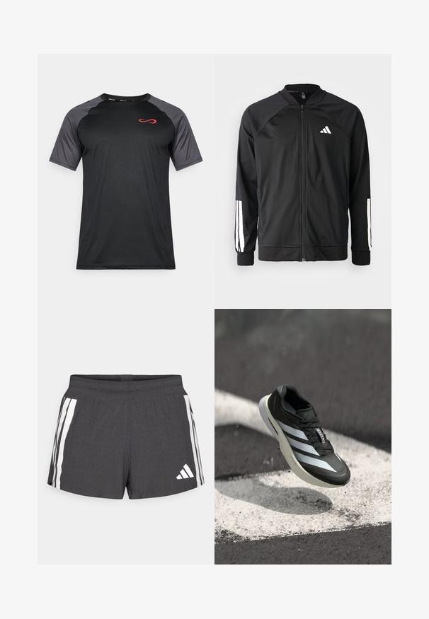 Juodas sportinis džemperis su priekiniais užtrauktukais, raglano stiliaus rankovėmis, balta Adidas logotipu ir baltais juostelėmis ant rankovių. Lygus audinys su elastingomis rankovėmis.; Juodas trumpas rankovės sportinis marškinėlis su pilkais tinkliniais rankovėmis ir raudonu logotipu ant krūtinės, turintis prigludusį dizainą ir drėgmę sugeriančią medžiagą.; Tamsiai pilkos atletinės šortai iš kvėpuojančios medžiagos, su baltais šonais dryžiais ir logotipu. Dizainas apima perforuotą tekstūrą ventiliacijai.; Juodų sportinių batelių dizainas su trimis baltais dryžiais, tekstūruota viršūne, elegantiška išvaizda ir išlenktu padu, padėtas virš baltos linijos ant asfalto.