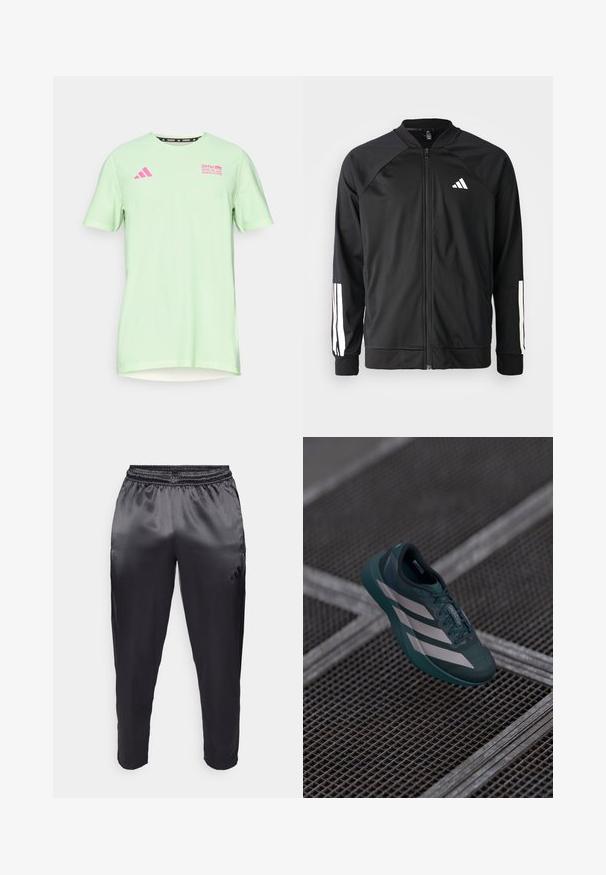 Čierna športová bunda s predným zipsom, raglánovými rukávmi, bielym logom Adidas a bielymi pruhmi na rukávoch. Hladká tkanina s elastickými manžetami.; adidas Performance BER25 TEE - Športové tričko - semi green spark; Čierne športové nohavice vyrobené z hladkej, ľahkej tkaniny s elastickým pásom. Na ľavej strane sa nachádza malé logo a nohavice sú zúžené na koncoch.; Tmavo zelená športová obuv s textúrovaným povrchom, ktorá má tri biele pruhy, zaoblenú špičku a odpruženú podrážku.