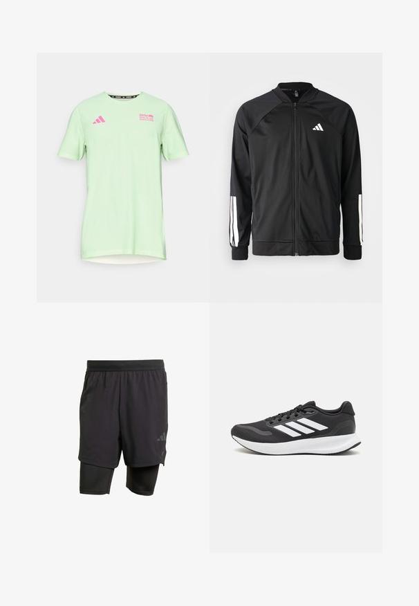 Crna sportska jakna s prednjim zatvaračem, raglan rukavima, bijelim Adidas logom i bijelim prugama na rukavima. Glatka tkanina s elastičnim manžetama.; adidas Performance BER25 TEE - Sportska majica - semi green spark; Crne atletske šortse s integriranim unutarnjim slojem, izrađene od prozračnog materijala. Sadrže suptilan logo i strukturiranu teksturu. Podesivi pojas.; Crne atletske tenisice s prozračnom mrežicom na gornjem dijelu, bijelim akcentima i mekanim potplatom. Imaju logo s tri pruge sa strane.