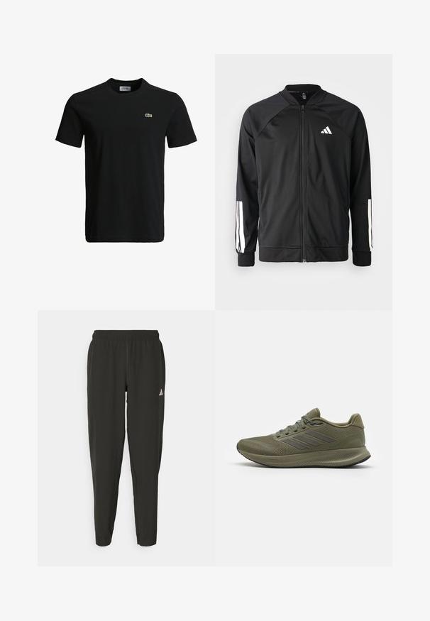Casaco atlético preto com fecho na frente, mangas raglan, logotipo Adidas branco e riscas brancas nas mangas. Tecido suave com punhos elásticos.; T-shirt de algodão preto com decote redondo, mangas curtas e um pequeno logotipo de crocodilo verde no lado esquerdo do peito. Textura suave, design casual.; Calças de atletismo pretas com cintura elástica, corte justo e logotipo branco na perna esquerda. Tecido liso e leve.; Tênis atléticos verdes com parte superior em malha texturizada, três riscas cinzentas de lado e uma sola acolchoada. Possui atacadores e um colarinho acolchoado.