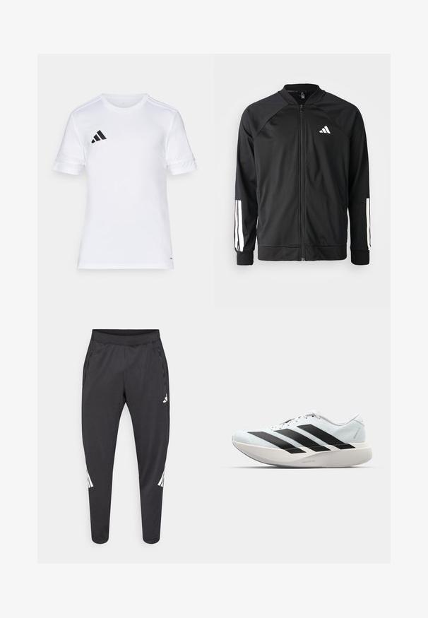Černá sportovní bunda s předním zipem, raglánovými rukávy, bílým logem Adidas a bílými pruhy na rukávech. Hladká tkanina s elastickými manžetami.; Bílá sportovní košile s krátkým rukávem a černým třípruhovým designem na ramenou a logem na levé hrudi. Hladká, lehká látka.; Černé atletické kalhoty se zúženými nohavicemi, elastickým pasem, bočními kapsami a bílým logem a proužky jako ozdobou. Vyrobené z hladkého, lehkého materiálu.; Lehké běžecké boty v světle modré barvě s černými pruhy. Mají hladký svršek, kulatou špičku a silnou bílou mezipodešev označenou "LIGHTSTRIKE PRO."