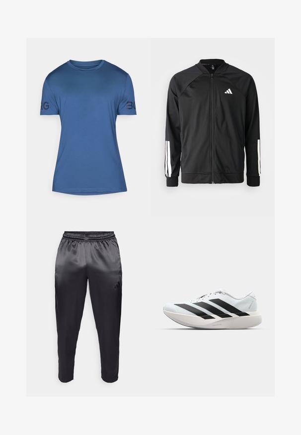 Casaco atlético preto com fecho na frente, mangas raglan, logotipo Adidas branco e riscas brancas nas mangas. Tecido suave com punhos elásticos.; T-shirt atlético azul feito de tecido suave. Apresenta um decote redondo e mangas curtas com "BORG" impresso em preto na manga esquerda.; Calças atléticas pretas feitas de um tecido leve e suave com um cós elástico. Apresenta um pequeno logótipo no lado esquerdo e pernas ajustadas.; Tênis de corrida leves em azul pálido com riscas pretas. Apresentam um cabedal liso, bico redondo e uma entressola espessa branca rotulada como "LIGHTSTRIKE PRO."