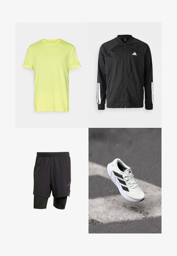 Fekete sportdzseki elől cipzárral, raglán ujjaival, fehér Adidas logóval és fehér csíkokkal az ujjakon. Simakészletű anyag rugalmas mandzsettákkal.; Fényes sárga, rövid ujjú póló, texturált anyaggal. Diszkrét márkajelzés található a bal ujján. Klasszikus környakú kialakítás.; Fekete sportnadrág beépített belső résszel, lélegző anyagból készült. Diszkrét logóval és struktúrált textúrával rendelkezik. Állítható derékpánt.; Fehér sportcipő texturált hálós felsőrésszel, fekete csíkokkal, fűzős záródással és párnázott talppal, egy megjelölt útfelület felett lebeg.