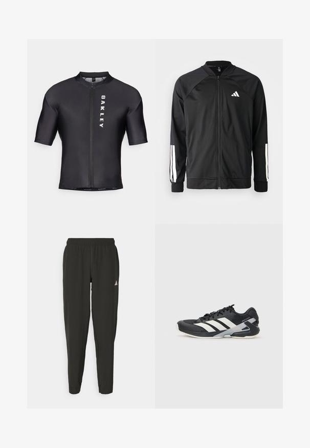 Svart treningsjakke med frontglidelås, raglanermer, hvit Adidas-logo og hvite striper på ermene. Glatt stoff med elastiske mansjetter.; Korte ermes sykkeldrakt laget av svart, glatt stoff. Har glidelås foran og "OAKLEY" trykt i hvitt på venstre side.; Svarte treningbukser med elastisk midje, slim fit, og hvit logo på venstre bein. Glatt, lett stoff.; Svart treningssko med hvite striper, mesh-overdel, avrundet tå og polstret såle. Har en teksturert hæl og et sikkert snøresystem.