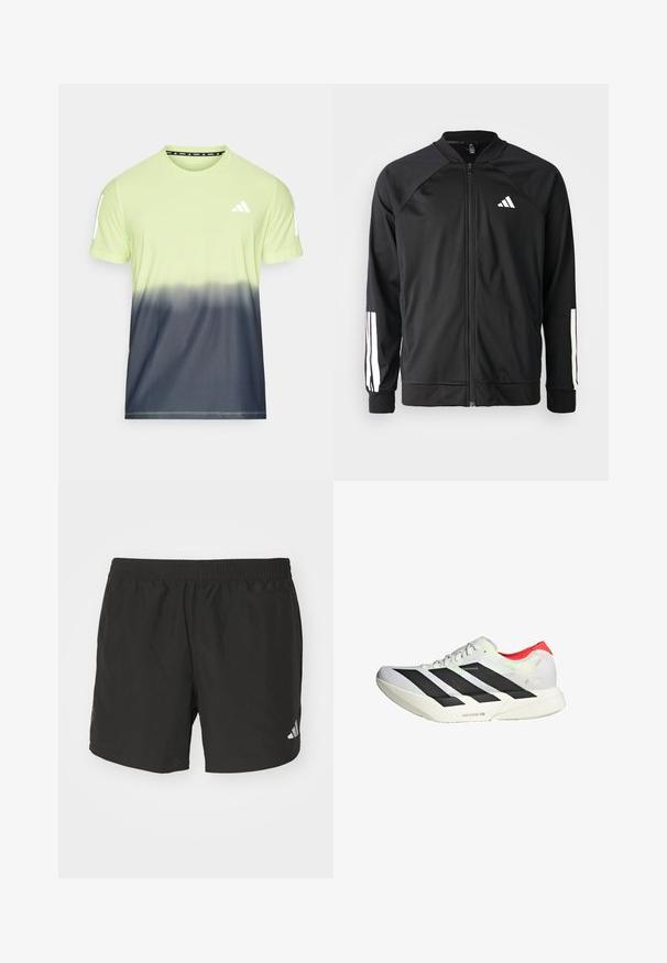 Chaqueta deportiva negra con cremallera frontal, mangas raglán, logo de Adidas en blanco y rayas blancas en las mangas. Tejido suave con puños elásticos.; Camiseta de rendimiento de manga corta para hombre con un degradado de verde lima claro a gris oscuro. Confeccionada con tela transpirable y detalles de logo.; Pantalones cortos deportivos negros con cintura elástica, aberturas laterales y acentos de logo reflectantes. Hechos de una tela liviana y suave.; Zapatilla deportiva blanca con rayas diagonales negras, acentos rojos en el talón y una parte superior texturizada; cuenta con amortiguación LIGHTSTRIKE PRO.