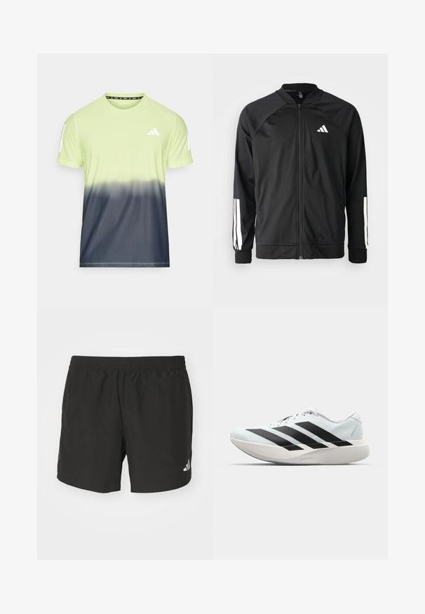 Giacca atletica nera con zip frontale, maniche raglan, logo Adidas bianco e strisce bianche sulle maniche. Tessuto liscio con polsini elasticizzati.; T-shirt da uomo a maniche corte ad alte prestazioni con una sfumatura che va dal verde lime chiaro al grigio scuro. Realizzato in tessuto traspirante con dettagli del logo.; Pantaloni corti sportivi neri con vita elastica, fessure laterali e dettagli riflettenti del logo. Realizzati in un tessuto leggero e liscio.; Scarpe da corsa leggere di colore azzurro pallido con strisce nere. Presentano una tomaia liscia, punta rotonda e un'ampia intersuola bianca etichettata "LIGHTSTRIKE PRO."