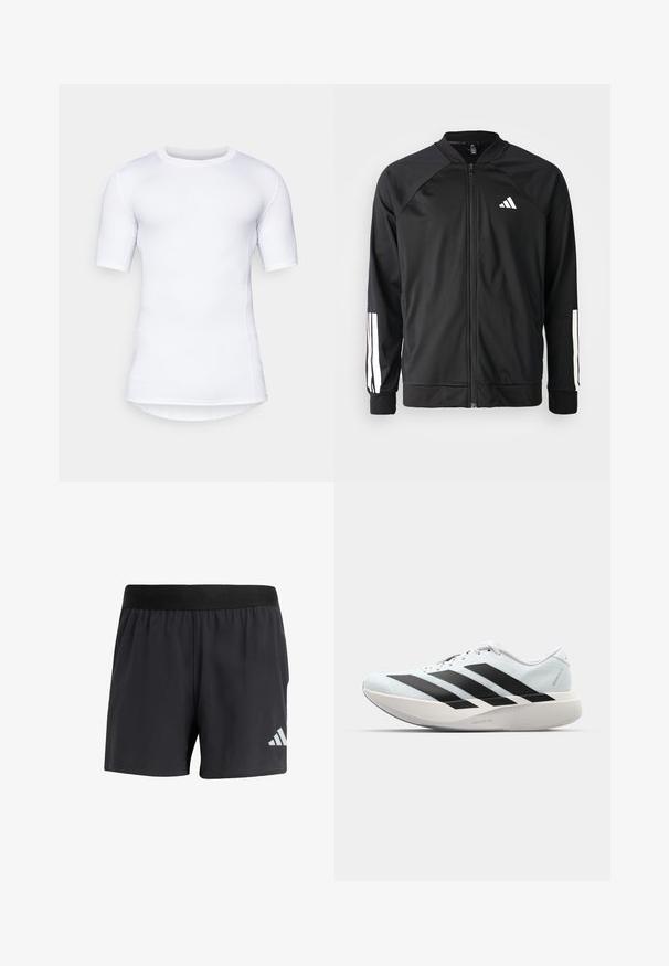 Svart sportjacka med framdraget blixtlås, raglanärmar, vitt Adidas-logotyp och vita ränder på ärmarna. Slät tyg med elastiska mudd.; Vitt kortärmad prestationsskjorta tillverkad av stretchmaterial. Har rund hals och platta sömmar för komfort samt en figursydd design.; Svarta idrottsshorts med elastisk midja, som har en slät yta och en reflekterande vit logotyp på nedre vänstra sidan.; Lätta löparskor i ljusblått med svarta ränder. Har en slät ovandel, rund tå och tjock vit mellansula märkt "LIGHTSTRIKE PRO."