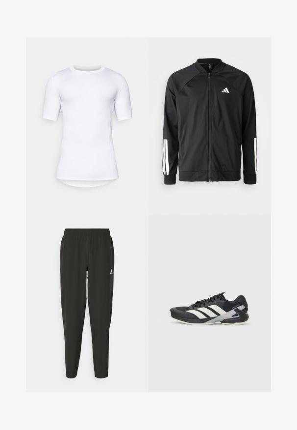 Melna sporta jaka ar priekšējo rāvējslēdzēju, raglanu piedurknēm, baltu Adidas logo un baltām svītrām uz piedurknēm. Gluda auduma sastāvs ar elastīgām aprocēm.; Balta īsām piedurknēm veiktspējas krekls, izgatavots no elastīga materiāla. Iespējas apaļa kakla izgriezums un plakanas šuves komfortam un pieguļoša dizaina.; Melnas sporta bikses ar elastīgu jostasvietu, pārslīdējošu piegriezumu un baltu logotipu uz kreisā kāja. Gluda, viegla auduma struktūra.; Melnas sporta kurpes ar baltām svītrām, acs augšdaļa, noapaļots pirksts un mīksts zole. Iespējams ar teksturētu papēdi un drošu šņoru sistēmu.