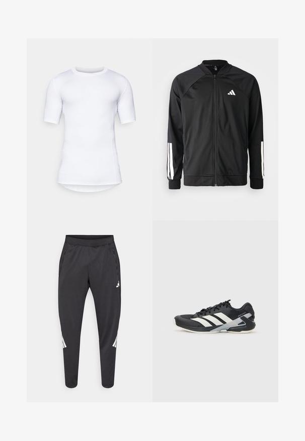 Čierna športová bunda s predným zipsom, raglánovými rukávmi, bielym logom Adidas a bielymi pruhmi na rukávoch. Hladká tkanina s elastickými manžetami.; Biela krátkosrstvá výkonnostná košeľa vyrobená z elastického materiálu. Má okrúhly výstrih a ploché švy pre pohodlie a priliehavý strih.; Čierne športové nohavice so zúženými nohavicami, elastickým pásom, bočnými vreckami a bielym logom a pruhmi. Vyrobené z hladkého, ľahkého materiálu.; Čierna športová obuv s bielymi pruhmi, sieťovinový zvršok, zaoblená špička a polstrovaná podrážka. Obsahuje štruktúrovaný opätok a bezpečný systém šnurovania.