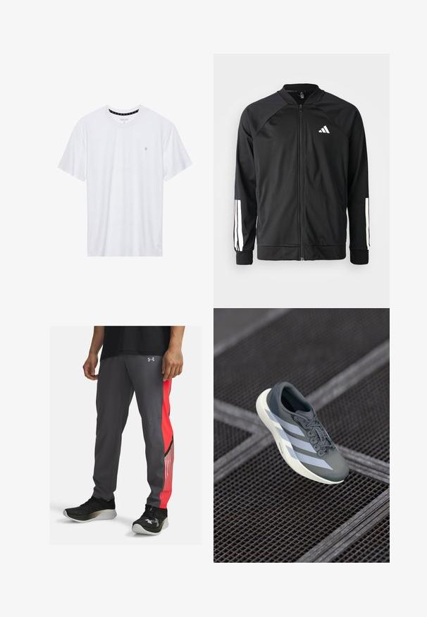 Juodas sportinis džemperis su priekiniais užtrauktukais, raglano stiliaus rankovėmis, balta Adidas logotipu ir baltais juostelėmis ant rankovių. Lygus audinys su elastingomis rankovėmis.; Balta apvalios kaklo marškinėliai, pagaminti iš medvilnės, su trumpomis rankovėmis ir mažuoju logotipu, išsiuvinėtu kairėje krūtinės pusėje. Minkštas audinys.; Pilates kelnės pilkos spalvos su raudona šonine juosta ir dryžuotomis detalėmis. Pagamintos iš lengvos medžiagos. Yra logotipas ant klubų ir kišenės.; Sportiniai batai pilkos ir baltos spalvos, pagaminti iš sintetinės medžiagos, su srauniu dizainu, tekstūruota danga ir ryškiu raištelių sistemu.