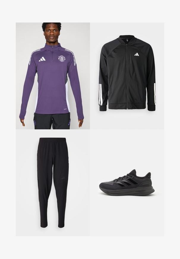 Black athletic jacket with a front zipper, raglan sleeves, white Adidas logo, and white stripes on sleeves. Smooth fabric with elastic cuffs.; Purple athletic jacket with zip collar, featuring white shoulder stripes and Manchester United logo. Made from smooth, lightweight material.; Black athletic pants with an elastic waistband, tapered design, side pockets, and subtle logo detail. Made from flexible, breathable fabric.; Black athletic shoe with textured fabric upper, rubber sole, and three shiny black stripes on the side. Rounded toe and cushioned heel.