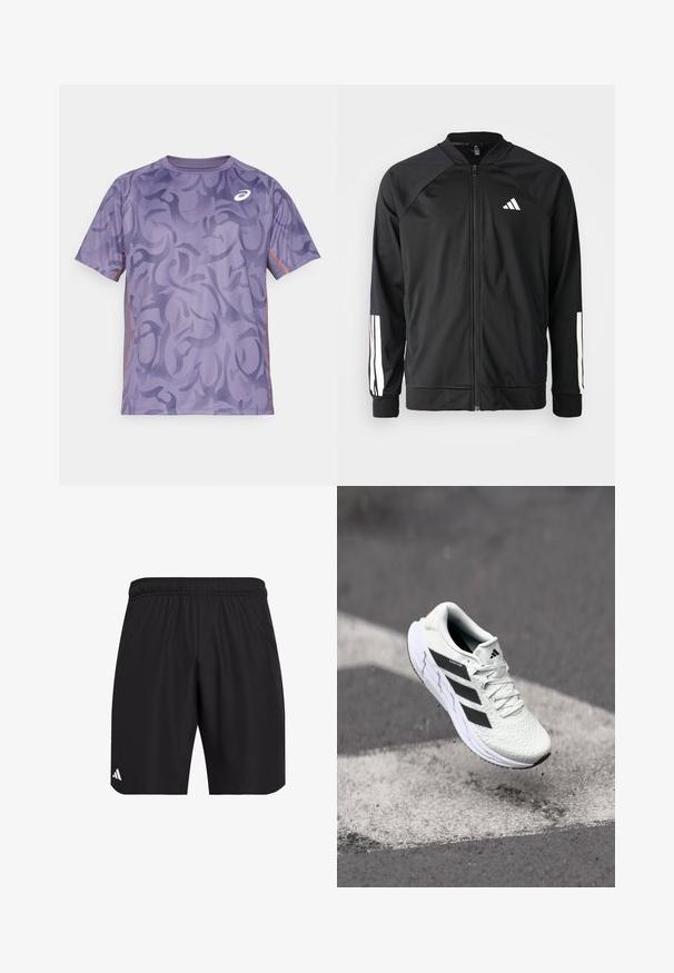 Melna sporta jaka ar priekšējo rāvējslēdzēju, raglanu piedurknēm, baltu Adidas logo un baltām svītrām uz piedurknēm. Gluda auduma sastāvs ar elastīgām aprocēm.; ASICS GAME TOP - Sporta krekli - greyish purple; Melni sporta šorti ar elastīgu jostu. Izgatavoti no viegla auduma, ar smalku struktūru un mazu baltu logo akcentu.; Baltas sporta apavs ar teksturētu sietu augšu, melnām svītrām, auklu aizdari un mīkstu zoli, kas levitē virs marķētas ceļa virsmas.
