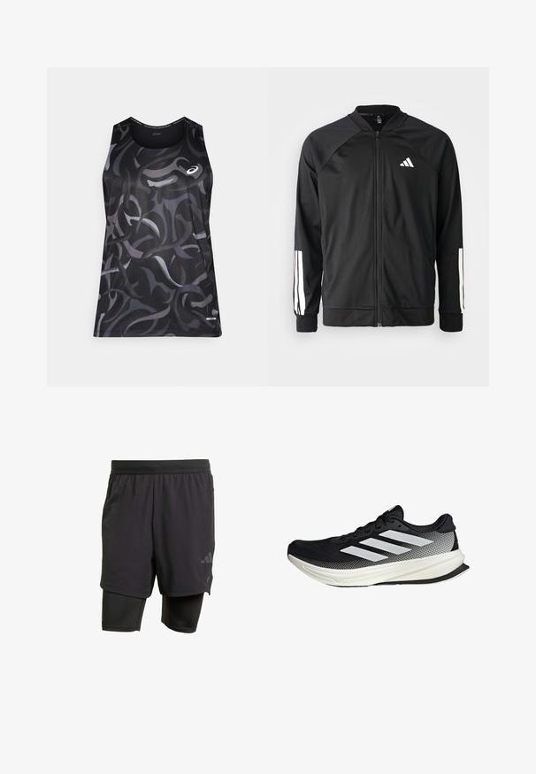 Zwarte sportjack met een rits aan de voorkant, raglanmouwen, wit Adidas-logo en witte strepen op de mouwen. Gladde stof met elastische manchetten.; Zwarte sportieve tanktop met draaiende grijze en donkere patronen. Heeft een ronde halslijn en een klein logo op de voorkant links. Glad van textuur.; Zwarte sportshorts met geïntegreerde binnenlaag, gemaakt van ademend materiaal. Bevat een subtiele logo en gestructureerde textuur. Verstelbare tailleband.; Zwarte sportieve schoen met een mesh ontwerp, voorzien van witte strepen, een ronde neus en een gestructureerde zool voor grip en ondersteuning.