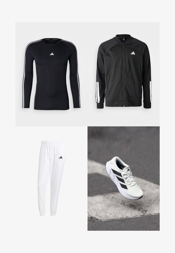 Melna sporta jaka ar priekšējo rāvējslēdzēju, raglanu piedurknēm, baltu Adidas logo un baltām svītrām uz piedurknēm. Gluda auduma sastāvs ar elastīgām aprocēm.; Melnā garo piedurkņu sporta krekls ar pieguļošu dizainu. Iezīmēts ar baltu Adidas logo uz krūškurvja un baltām svītrām plecu daļā.; Baltas sporta bikses, kas izgatavotas no gludas auduma, ar elastīgu jostu un pieguļošiem uzmavām, ar melnu logotipu aizmugurējā kabatā.; Baltas sporta apavs ar teksturētu sietu augšu, melnām svītrām, auklu aizdari un mīkstu zoli, kas levitē virs marķētas ceļa virsmas.
