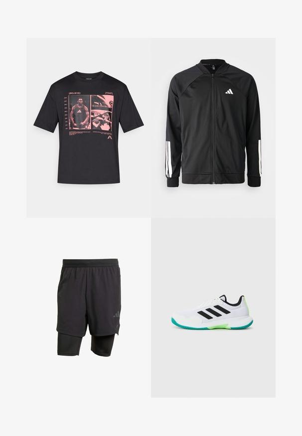 Schwarze Sportjacke mit einem Frontreißverschluss, Raglanärmeln, weißem Adidas-Logo und weißen Streifen an den Ärmeln. Glattes Gewebe mit elastischen Bündchen.; Schwarzes Baumwoll-T-Shirt mit einem grafischen Aufdruck in Pink, der Textfelder und Bilder zum Thema Basketball zeigt. Kurzärmlig, mit Rundhalsausschnitt.; Schwarze Sportshorts mit integrierter Innenschicht, aus atmungsaktivem Material hergestellt. Mit dezentem Logo und strukturierter Textur. Verstellbarer Bund.; Weißer Sportschuh mit Mesh-Obermaterial, schwarzen Streifen und grünen Akzenten. Verfügt über eine strukturierte Sohle und einen gepolsterten Schaft für Unterstützung.