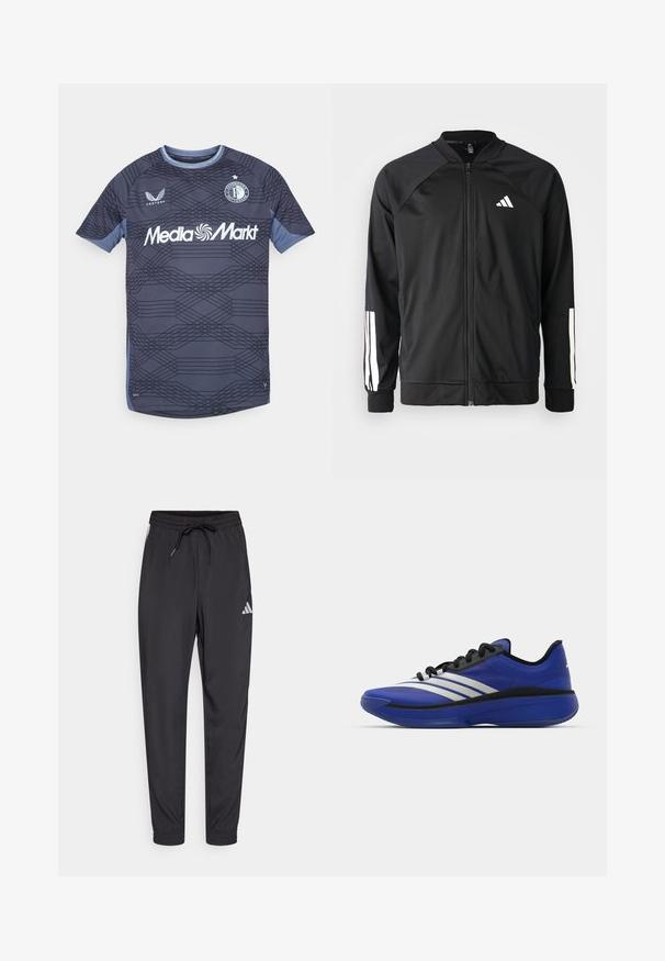 Casaco atlético preto com fecho na frente, mangas raglan, logotipo Adidas branco e riscas brancas nas mangas. Tecido suave com punhos elásticos.; Camisa de futebol azul escura com mangas curtas, apresentando um padrão geométrico, gola redonda e logotipo "Media Markt" na frente.; Calças de atletismo pretas, feitas de um material leve, com cintura elástica, cordão e um pequeno logotipo branco na lateral.; adidas Performance ADIZERO SELECT 3.0 - Sapatilhas de basquetebol - lucid blue/core black/metallic