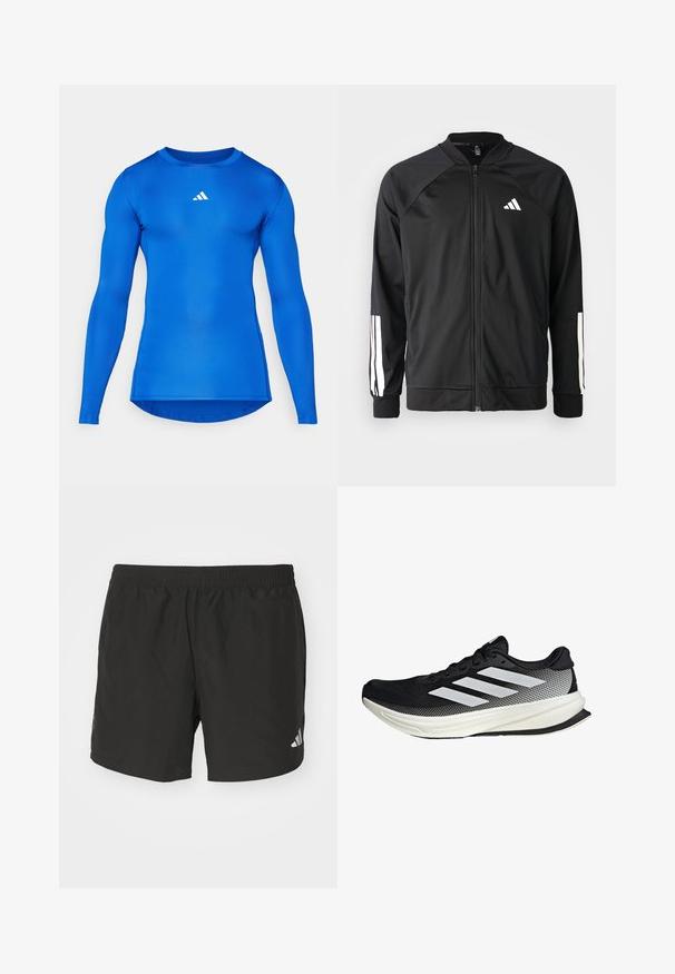 Schwarze Sportjacke mit einem Frontreißverschluss, Raglanärmeln, weißem Adidas-Logo und weißen Streifen an den Ärmeln. Glattes Gewebe mit elastischen Bündchen.; Langarm-Sportshirt in einfarbigem Blau, aus dehnbarem Stoff. Mit Rundhalsausschnitt und kleinem weißen Logo auf der Brust.; Schwarze Sportshorts mit einem elastischen Taillenbund, seitlichen Schlitzen und reflektierenden Logoakzenten. Hergestellt aus leichtem, glattem Material.; Schwarzer Sportschuh mit einem Mesh-Design, ausgestattet mit weißen Streifen, einer runden Zehenpartie und einer strukturierten Sohle für Grip und Unterstützung.