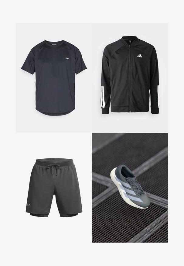 Černá sportovní bunda s předním zipem, raglánovými rukávy, bílým logem Adidas a bílými pruhy na rukávech. Hladká tkanina s elastickými manžetami.; Tmavě šedé sportovní tričko, krátké rukávy, kulatý výstřih, vyrobené z lehké, prodyšné tkaniny s jemnou síťovinou a akcentem loga.; Tmavě šedé sportovní šortky s elastickým pasem, nastavitelnou šňůrkou a vnitřním síťovinovým podšívkou; na levé noze se nachází diskrétní branding.; Sportovní obuv v šedé a bílé barvě, vyrobená z syntetického materiálu, s aerodynamickým designem, texturovaným povrchem a výrazným systémem šněrování.