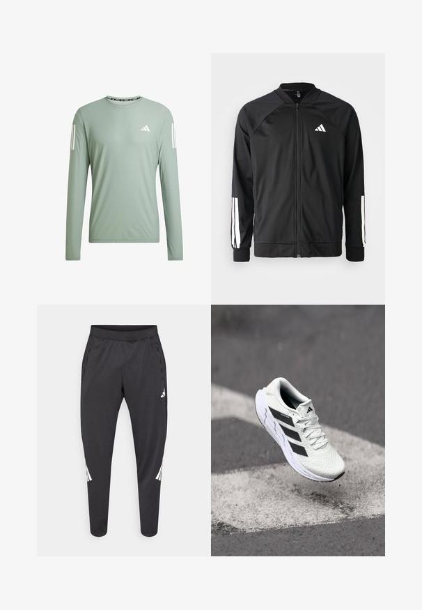 Black athletic jacket with a front zipper, raglan sleeves, white Adidas logo, and white stripes on sleeves. Smooth fabric with elastic cuffs.; adidas Performance OWN THE RUN - Long sleeved top - silgrn; Black athletic pants with tapered legs, elastic waistband, side pockets, and white logo and stripes detailing. Made from a smooth, lightweight material.; White athletic shoe with textured mesh upper, black stripes, lace closure, and a cushioned sole, levitating above a marked road surface.