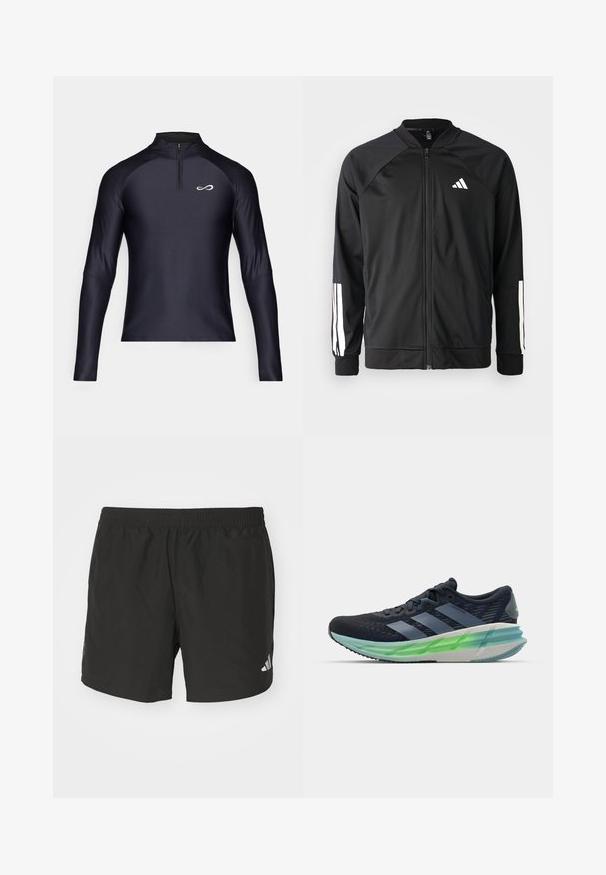 Jachetă sport neagră, cu fermoar frontal, mâneci raglan, logo Adidas alb și dungi albe pe mâneci. Material neted, cu manșete elastice.; Endless EPIC - Bluză cu mânecă lungă - black/white; Pantaloni scurți sport negri cu talie elastică, fante laterale și accente cu logo reflectorizant. Confectionați dintr-un material ușor, neted.; Gheată sport neagră și albastră, cu superior din plasă, trei dungi albe, talpă verde translucidă și un model texturat notabil. Design ușor.