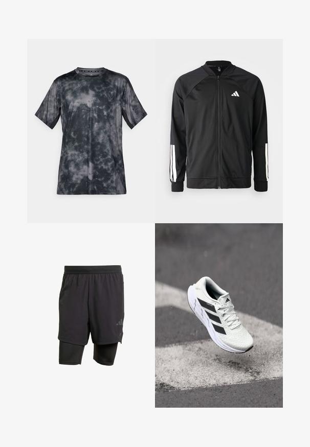 Casaco atlético preto com fecho na frente, mangas raglan, logotipo Adidas branco e riscas brancas nas mangas. Tecido suave com punhos elásticos.; T-shirt de manga curta em cinza escuro com um padrão semelhante a nuvens, feito de um tecido liso e leve. Apresenta um decote arredondado e detalhe do logotipo.; Calções atléticos pretos com camada interior integrada, feitos de tecido respirável. Apresentam um logotipo subtil e textura estruturada. Cintura ajustável.; Shoe atlético branco com parte superior em malha texturizada, riscas pretas, fecho de atacadores e sola almofadada, a flutuar acima de uma superfície de estrada marcada.