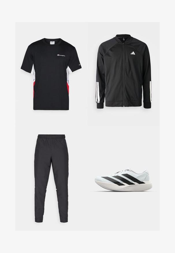 Fekete sportdzseki elől cipzárral, raglán ujjaival, fehér Adidas logóval és fehér csíkokkal az ujjakon. Simakészletű anyag rugalmas mandzsettákkal.; Fekete, rövid ujjú póló, fehér és piros oldalrészletekkel, a mellkason kis fehér Champion logóval. Puha anyagból készült.; Fekete sportnadrág, rugalmas derékkal, szűkített szárakkal és fehér oldalszegésekkel. Szinétikus anyagból készült, sima tapintással.; Világoskék, fekete csíkos könnyű futószerek. Simább felső résszel, kerek orral és vastag fehér középtalppal, amelyen a "LIGHTSTRIKE PRO" felirat olvasható.