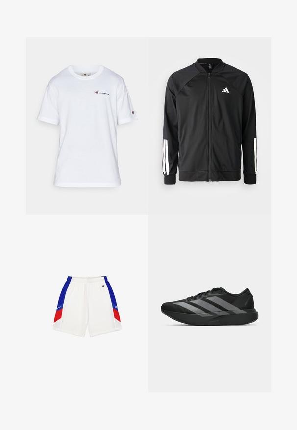 Schwarze Sportjacke mit einem Frontreißverschluss, Raglanärmeln, weißem Adidas-Logo und weißen Streifen an den Ärmeln. Glattes Gewebe mit elastischen Bündchen.; Weißes Baumwoll-T-Shirt mit Rundhalsausschnitt, kurzen Ärmeln und einem kleinen "Champion"-Logo in Schwarz und Rot auf der linken Brust.; Weiße Sportshorts mit blauen und roten Seiteneinsätzen, elastischem Bund und einem kleinen Logo auf der linken Vorderseite. Weiches, leichtes Material.; Schwarze Sportschuhe mit einem leichten Design, ausgestattet mit drei auffälligen grauen Streifen, einer glatten Textur und einer konturierten Sohle.