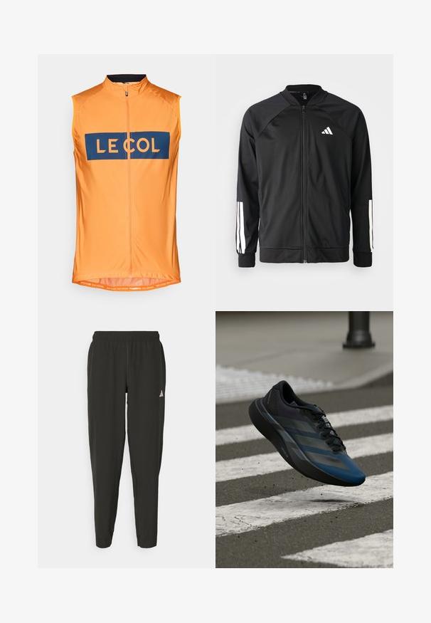 Svart treningsjakke med frontglidelås, raglanermer, hvit Adidas-logo og hvite striper på ermene. Glatt stoff med elastiske mansjetter.; Oransje ermeløs sykkeltrøye med glidelås foran, med en blå rektangulær logo "LE COL" og mesh-halong. Lettvektstoff.; Svarte treningbukser med elastisk midje, slim fit, og hvit logo på venstre bein. Glatt, lett stoff.; Svart og blå atletisk sko med en strømlinjeformet utforming, som har en teksturert overdel, kontrasterende striper og en polstret såle, svevende over fortauet.