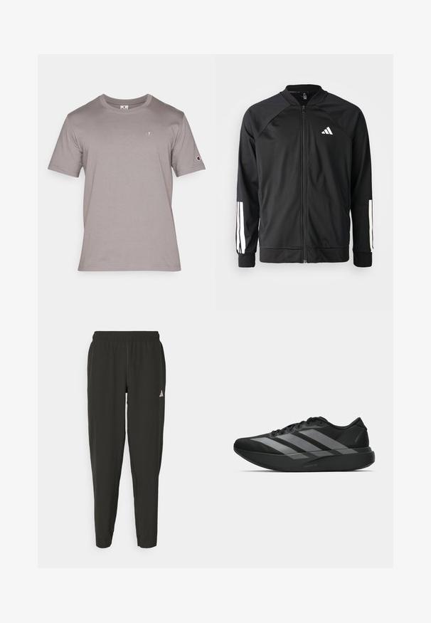 Giacca atletica nera con zip frontale, maniche raglan, logo Adidas bianco e strisce bianche sulle maniche. Tessuto liscio con polsini elasticizzati.; Champion ICONS CREWNECK SMALL LOGO - T-shirt basic - grey; Pantaloni sportivi neri con elastico in vita, taglio aderente e logo bianco sulla gamba sinistra. Tessuto liscio e leggero.; Scarpe sportive nere con un design leggero, caratterizzate da tre strisce grigie prominenti, una superficie liscia e una suola sagomata.