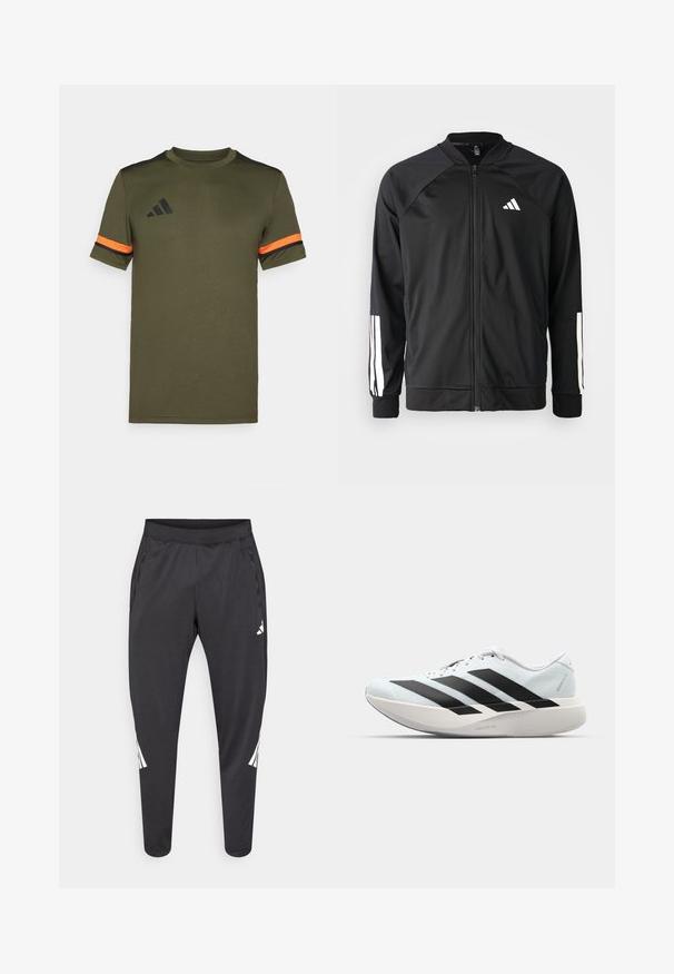 Melna sporta jaka ar priekšējo rāvējslēdzēju, raglanu piedurknēm, baltu Adidas logo un baltām svītrām uz piedurknēm. Gluda auduma sastāvs ar elastīgām aprocēm.; Olīvu zaļš īsām piedurknēm T-krekls ar melniem plecu akcentiem un oranžiem svītrām uz piedurknēm. Iekļauta adidas logo melnā krāsā uz priekšpuses.; Melnas sporta bikses ar šaurākiem galiem, elastīgu jostasvietu, sānu kabatām, kā arī baltu logo un svītru detaļām. Izgatavotas no gluda, viegla materiāla.; Gaiši zili vieglie skriešanas apavi ar melniem svītrainiem. Iezīmēti ar gludu augšpusi, apaļu purngalu un biezāko balto vidējo zoli, kurā ir uzraksts "LIGHTSTRIKE PRO."