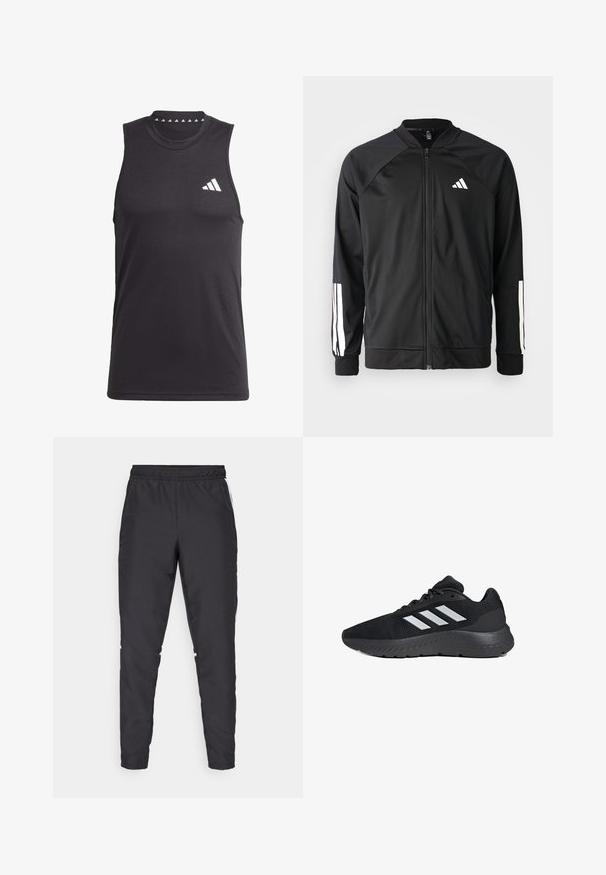 Giacca atletica nera con zip frontale, maniche raglan, logo Adidas bianco e strisce bianche sulle maniche. Tessuto liscio con polsini elasticizzati.; Canotta atletica nera senza maniche realizzata in tessuto morbido, con scollatura rotonda e un logo bianco sull'area del petto sinistro.; Pantaloni sportivi neri con cintura elastica, gambe affusolate e dettagli laterali bianchi. Realizzati in materiale sintetico con una texture liscia.; Scarpa sportiva nera con tomaia in rete, tre strisce bianche, suola imbottita e dettagli testurizzati lungo la suola.