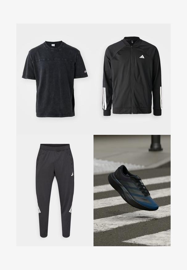 Black athletic jacket with a front zipper, raglan sleeves, white Adidas logo, and white stripes on sleeves. Smooth fabric with elastic cuffs.; Black short-sleeve t-shirt made of cotton, featuring a crew neck, subtle logo detail on the chest, and contrast stitching along the shoulders.; Black athletic pants with tapered legs, elastic waistband, side pockets, and white logo and stripes detailing. Made from a smooth, lightweight material.; Black and blue athletic shoe with a streamlined design, featuring a textured upper, contrasting stripes, and a cushioned sole, hovering over pavement.