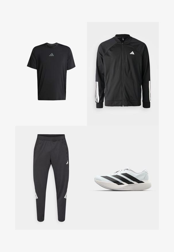 Zwarte sportjack met een rits aan de voorkant, raglanmouwen, wit Adidas-logo en witte strepen op de mouwen. Gladde stof met elastische manchetten.; Zwart sport T-shirt met korte mouwen van lichtgewicht stof, met een ronde hals en een grijs Adidas-logo op de borst.; Zwarte sportbroek met taps toelopende pijpen, elastische tailleband, zijzakken en witte logo- en streepdetails. Gemaakt van een glad, licht materiaal.; Lichte hardloopschoenen in lichtblauw met zwarte strepen. Beschikt over een soepele bovenkant, ronde neusstuk en dikke witte tussenzool met het label "LIGHTSTRIKE PRO."