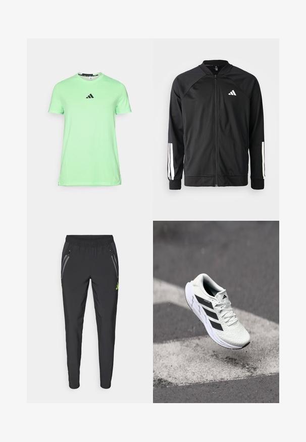 Chaqueta deportiva negra con cremallera frontal, mangas raglán, logo de Adidas en blanco y rayas blancas en las mangas. Tejido suave con puños elásticos.; Camiseta de manga corta verde claro hecha de tela suave, que presenta un logo negro en el pecho y un escote redondeado con una textura lisa.; adidas Performance REAL MADRID TIRO25 PRO VIS TECH TRAVEL PANT - Equipación de clubes - black/lucid lemon; Zapatilla deportiva blanca con parte superior de malla texturizada, rayas negras, cierre de cordones y suela acolchada, levitando sobre una superficie de carretera marcada.