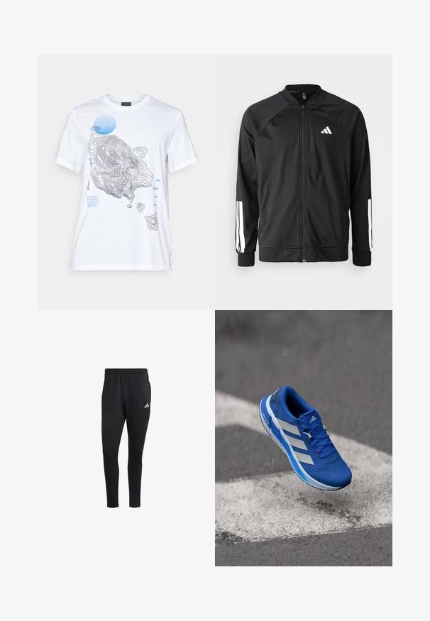 Black athletic jacket with a front zipper, raglan sleeves, white Adidas logo, and white stripes on sleeves. Smooth fabric with elastic cuffs.; White cotton t-shirt featuring a topographic map design in black and blue, with text elements and a round blue accent. Short sleeves.; adidas Performance OWN THE RUN ASTRO SEAMLESS KNIT - Tracksuit bottoms - black; Blue running shoe with a textured mesh upper, white stripes, and a blue gradient sole, displaying a lightweight design in mid-air.