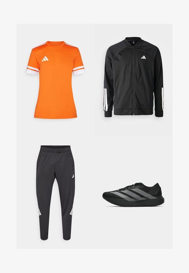 Melna sporta jaka ar priekšējo rāvējslēdzēju, raglanu piedurknēm, baltu Adidas logo un baltām svītrām uz piedurknēm. Gluda auduma sastāvs ar elastīgām aprocēm.; Oranža sporta krekls ar īsām piedurknēm, baltām svītrām uz piedurknēm un Adidas logo kreisajā plecā, izgatavots no gludas, elpojošas materiāla.; Melnas sporta bikses ar šaurākiem galiem, elastīgu jostasvietu, sānu kabatām, kā arī baltu logo un svītru detaļām. Izgatavotas no gluda, viegla materiāla.; Melni sporta apavi ar vieglu dizainu, ar trim izteiksmīgiem pelēkiem svītrām, gludu virsmu un kontūrveida zoli.
