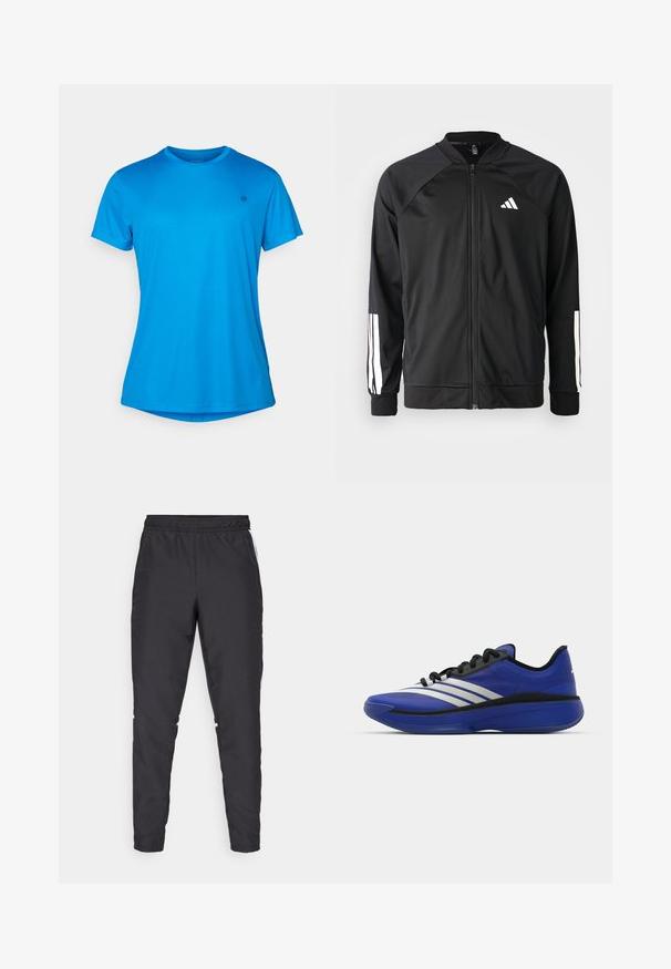 Svart sportjacka med framdraget blixtlås, raglanärmar, vitt Adidas-logotyp och vita ränder på ärmarna. Slät tyg med elastiska mudd.; Blå kortärmad t-shirt gjord av lätt, texturerad tyg. Har en rund halsringning och en diskret logotyp på bröstet.; Svarta träningsbyxor med elastisk midjeband, smalnande ben och vita sidodetaljer. Tillverkade av syntetiskt material med en slät yta.; adidas Performance ADIZERO SELECT 3.0 - Basketsko - lucid blue/core black/metallic