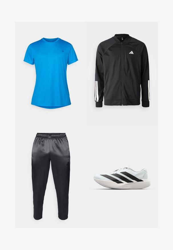 Casaco atlético preto com fecho na frente, mangas raglan, logotipo Adidas branco e riscas brancas nas mangas. Tecido suave com punhos elásticos.; Camiseta azul de manga curta feita de um tecido leve e texturizado. Apresenta um decote redondo e um logótipo discreto no peito.; Calças atléticas pretas feitas de um tecido leve e suave com um cós elástico. Apresenta um pequeno logótipo no lado esquerdo e pernas ajustadas.; Tênis de corrida leves em azul pálido com riscas pretas. Apresentam um cabedal liso, bico redondo e uma entressola espessa branca rotulada como "LIGHTSTRIKE PRO."