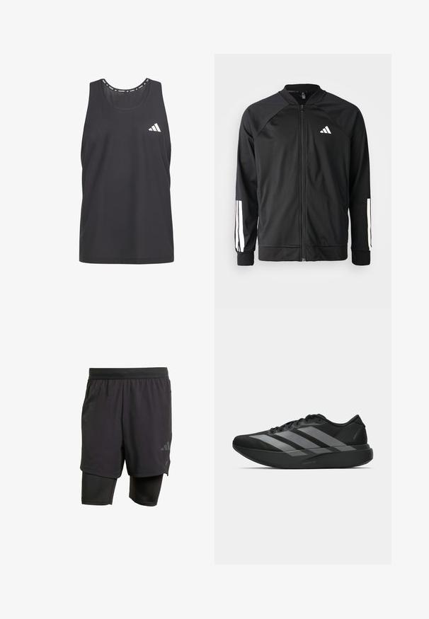 Zwarte sportjack met een rits aan de voorkant, raglanmouwen, wit Adidas-logo en witte strepen op de mouwen. Gladde stof met elastische manchetten.; Zwarte sporttanktop van ademend meshmateriaal, met ronde hals en wit Adidas-logo op de linkerkant van de borst.; Zwarte sportshorts met geïntegreerde binnenlaag, gemaakt van ademend materiaal. Bevat een subtiele logo en gestructureerde textuur. Verstelbare tailleband.; Zwarte sportieve schoenen met een lichtgewicht ontwerp, voorzien van drie opvallende grijze strepen, een gladde textuur en een gevormde zool.