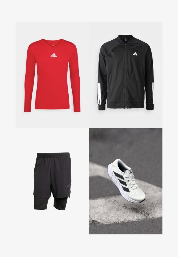 Black athletic jacket with a front zipper, raglan sleeves, white Adidas logo, and white stripes on sleeves. Smooth fabric with elastic cuffs.; Red long-sleeve athletic shirt made of smooth, stretchy fabric. Features a V-neckline and white Adidas logo on the chest.; Black athletic shorts with integrated inner layer, made from breathable fabric. Features subtle logo and structured texture. Adjustable waistband.; White athletic shoe with textured mesh upper, black stripes, lace closure, and a cushioned sole, levitating above a marked road surface.