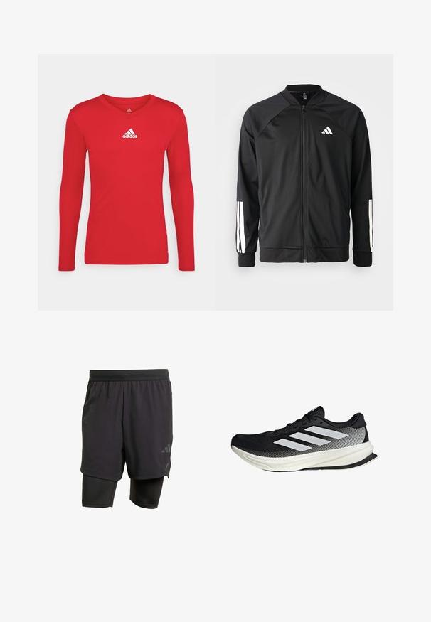 Black athletic jacket with a front zipper, raglan sleeves, white Adidas logo, and white stripes on sleeves. Smooth fabric with elastic cuffs.; Red long-sleeve athletic shirt made of smooth, stretchy fabric. Features a V-neckline and white Adidas logo on the chest.; Black athletic shorts with integrated inner layer, made from breathable fabric. Features subtle logo and structured texture. Adjustable waistband.; Black athletic shoe with a mesh design, featuring white stripes, a rounded toe, and a textured sole for grip and support.