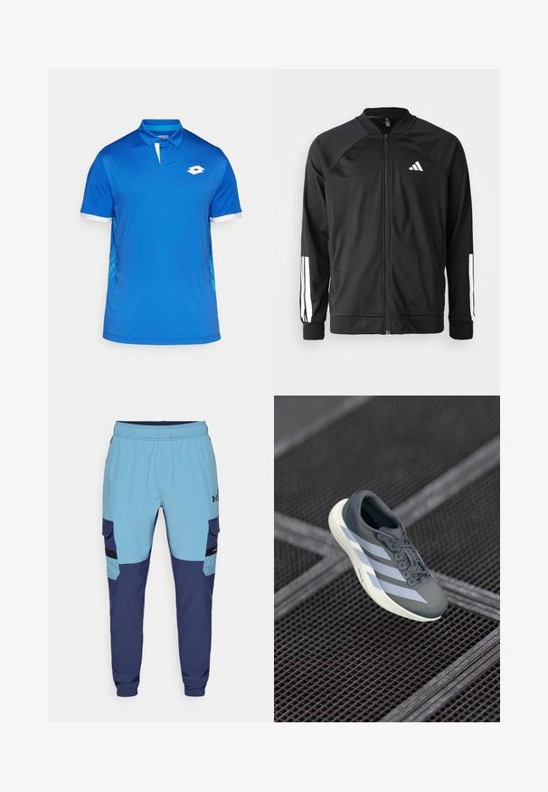 Musta urheilujakku, jossa on vetoketju edessä, raglan-hihat, valkoinen Adidas-logo ja valkoiset raidat hihoissa. Sujuva kangas ja joustavat hihansuut.; Sininen polo-paita, jossa on valkoinen kaulus ja yksityiskohtia, sivuilla on geometrinen kuvio. Valmistettu kevyestä ja sileästä kankaasta.; Siniset ja tummansiniset collegehousut, joissa on joustava vyötärö, sivutaskut ja laukku-tyyliset yksityiskohdat. Valmistettu pehmeästä, hengittävästä kankaasta.; Urheilukengät harmaana ja valkoisena, valmistettu synteettisestä materiaalista, virtaviivaisella muotoilulla, tekstuurilla ja näyttävällä nauhoitusjärjestelmällä.