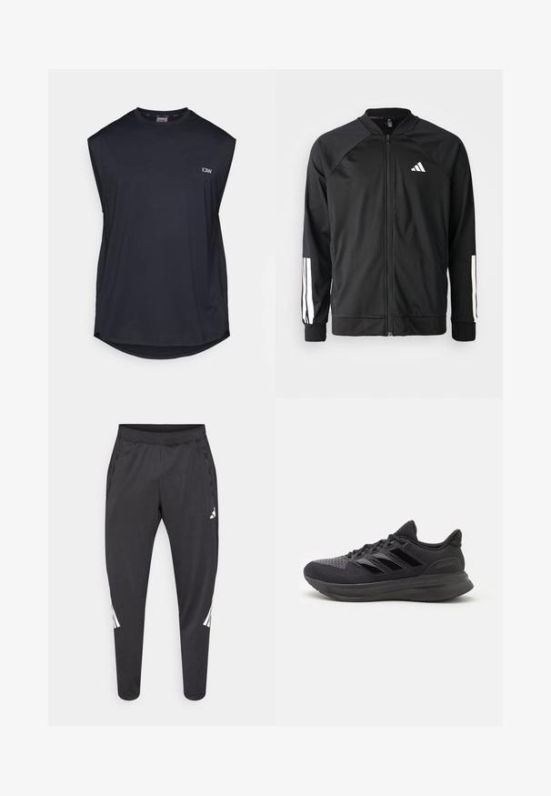 Chaqueta deportiva negra con cremallera frontal, mangas raglán, logo de Adidas en blanco y rayas blancas en las mangas. Tejido suave con puños elásticos.; Camiseta atlética sin mangas de un oscuro color azul marino, fabricada con una tela texturizada. Presenta un dobladillo redondeado y un pequeño logo en la parte frontal izquierda. Diseño transpirable.; Pantalones deportivos negros con piernas ajustadas, cintura elástica, bolsillos laterales y detalles en logo y rayas blancas. Hechos de un material suave y ligero.; Zapatilla deportiva negra con parte superior de tela texturizada, suela de goma y tres franjas negras brillantes en el costado. Punta redondeada y talón acolchado.