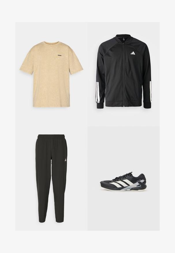 Mustar mustreeritud spordijakk, millel on ees lukuga taskud, raglanvarrukad, valge Adidas logo ja valged triibud varrukatel. Sile kangas elastsete mansettidega.; Beige oversize t-särk pehmea tekstuuriga, lühikeste varrukatega ja ümara kaelusega. Esiküljel on väike must silt brändinimega.; Mustavad spordipüksid elastse vöökoha, kitsas lõige ja valge logo vasakul jalal. Sile, kerge kangas.; Mustad sportlik jalanõud mustade värvidega, valgete triipudega, võrgusilma pealmine osa, ümar varvas ja pehme tallaga. Omab tekstureeritud kontsa ja kindlat paeltesüsteemi.
